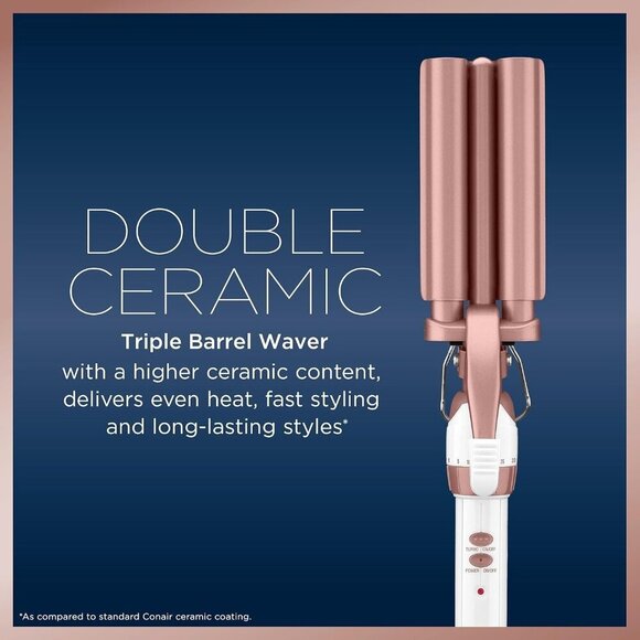 Conair Double Ceramic 3 Barrel Curling Iron Hair Waver White / Rose Gold - Picture 3 of 9